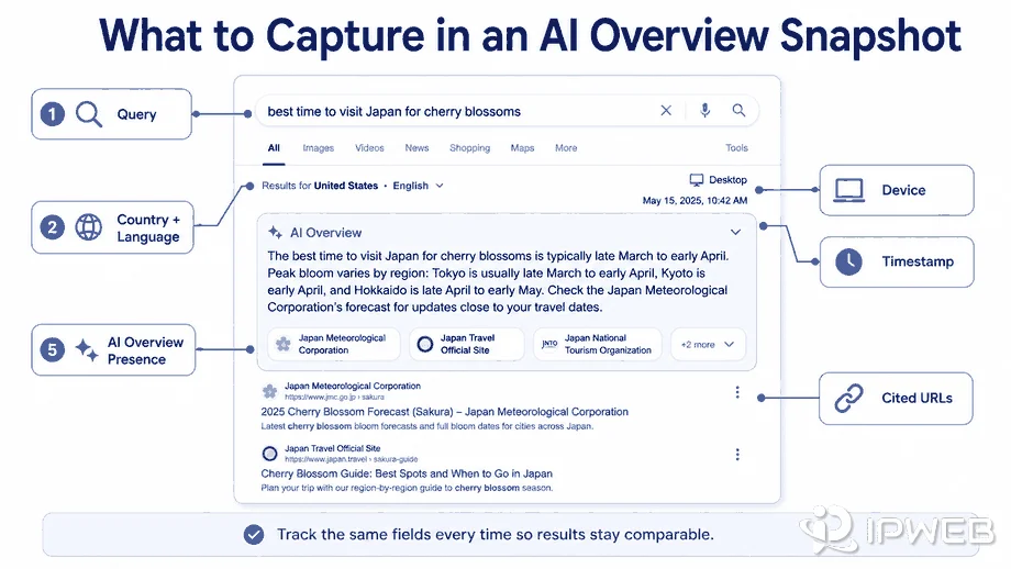 AI Overview tracking snapshot showing the key fields to capture, including query, country and language, device, timestamp, AI Overview presence, and cited URLs.