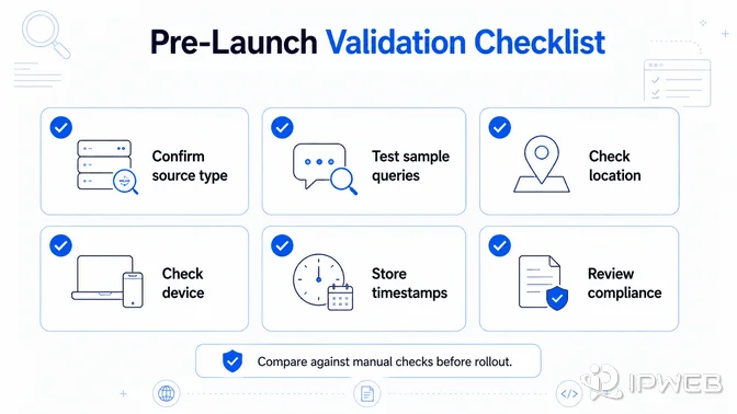 Pre-launch validation checklist for a Bing search data workflow covering source type, sample queries, location, device, timestamps, and compliance.