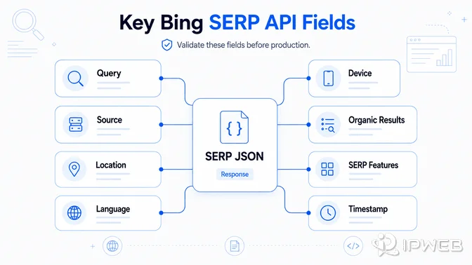 Key Bing SERP API response fields including query, source, location, language, device, organic results, SERP features, and timestamp.
