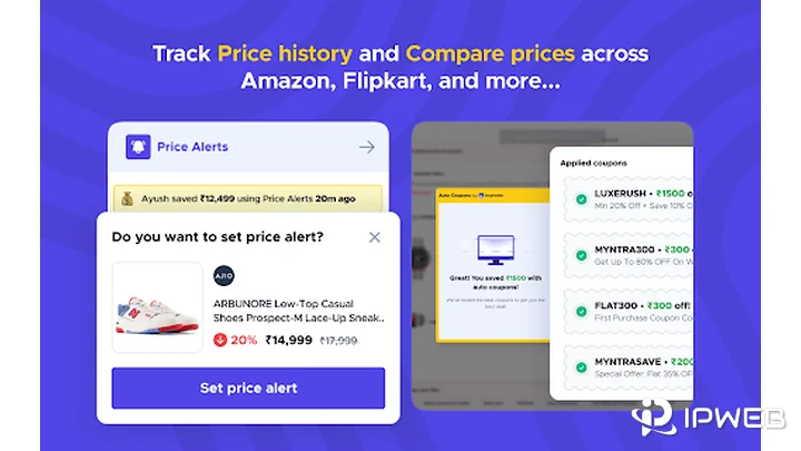 Buyhatke price tracker showing price alerts for supported shopping sites including Flipkart