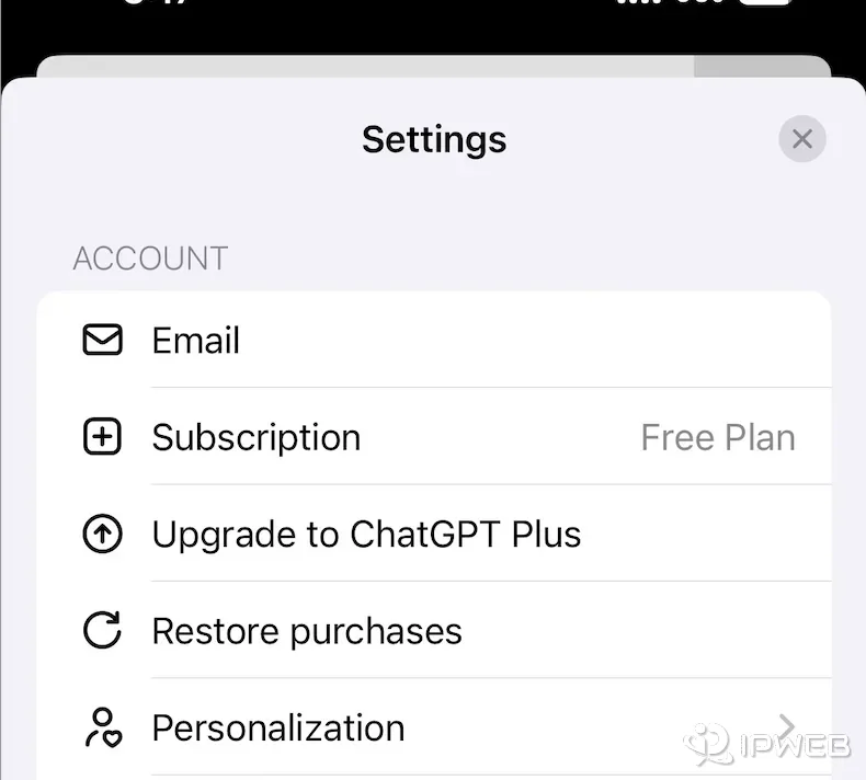 ChatGPT iOS settings showing Upgrade to ChatGPT Plus and Restore purchases