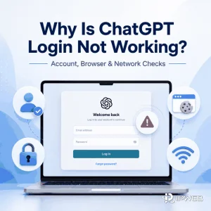 ChatGPT login troubleshooting cover showing account browser and network checks