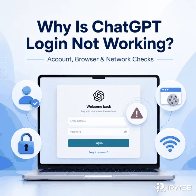 ChatGPT login troubleshooting cover showing account browser and network checks