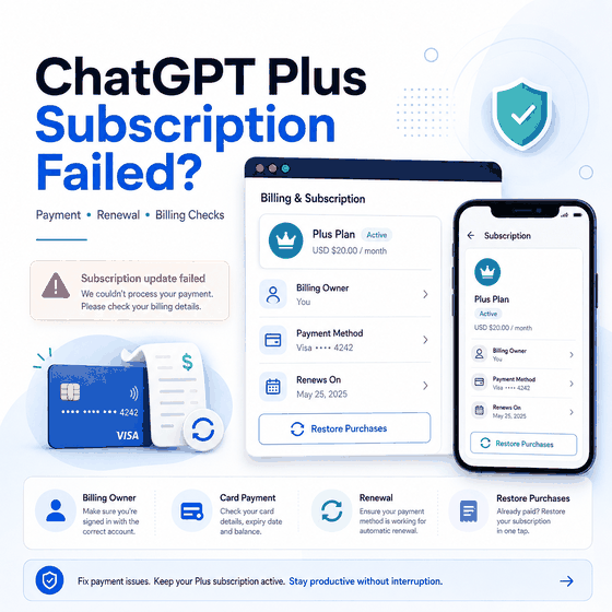 ChatGPT Plus subscription failed cover showing payment renewal and billing checks