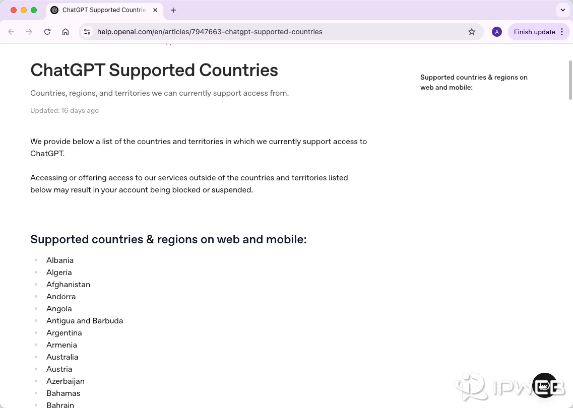 OpenAI ChatGPT supported countries page screenshot