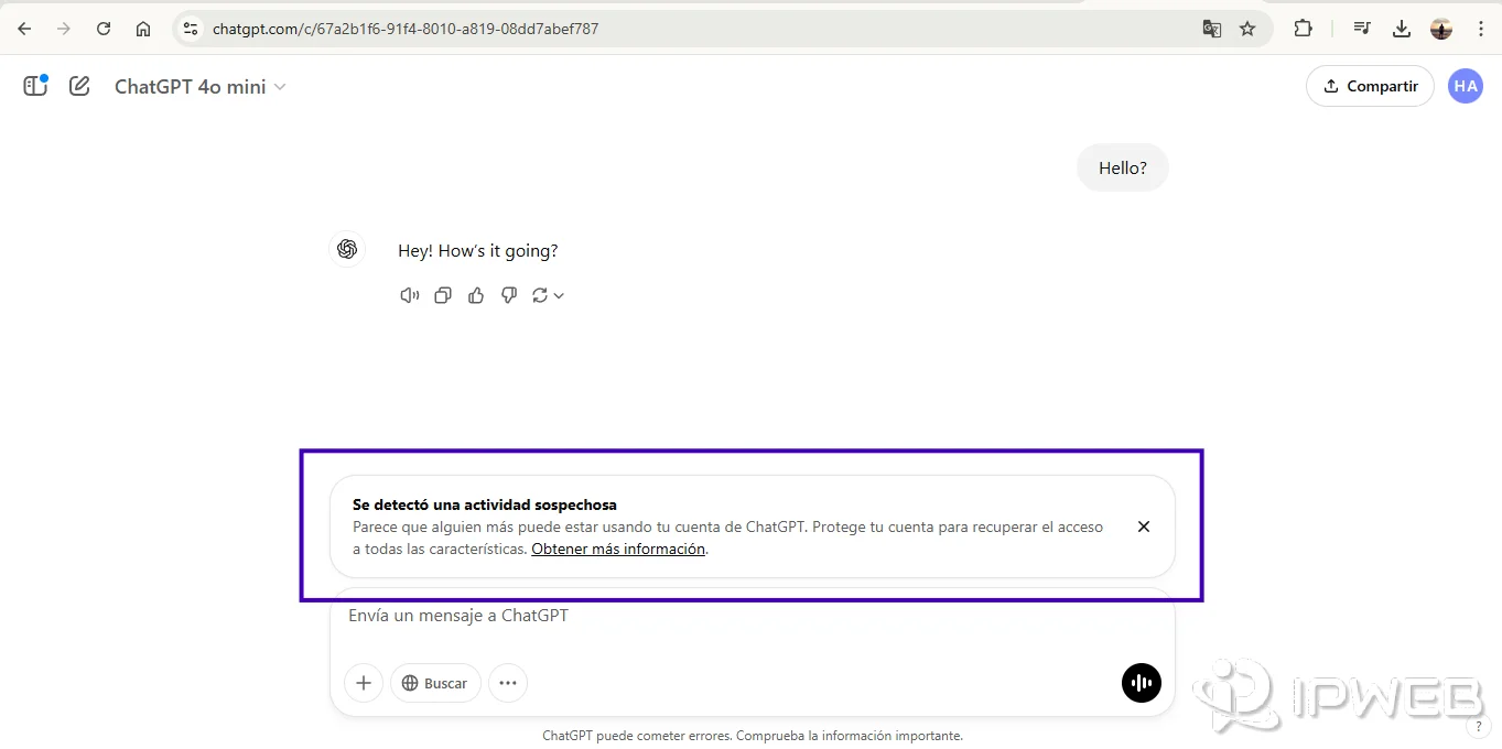 ChatGPT suspicious activity warning asking the user to secure the account