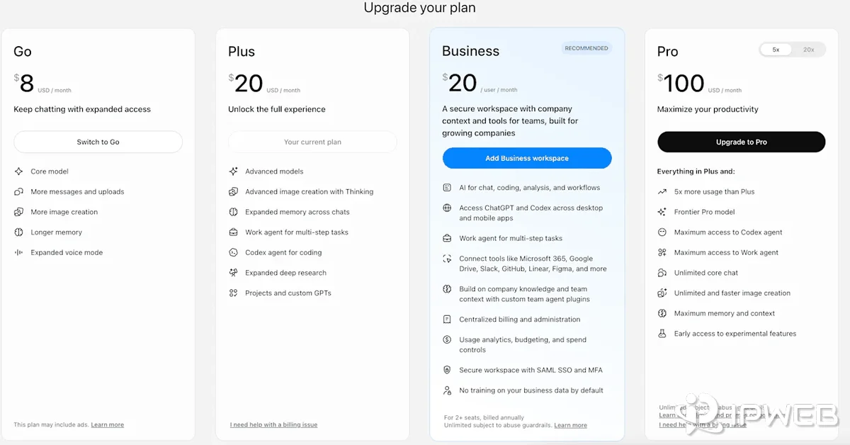 ChatGPT web Upgrade your plan page showing Plus and other subscription options