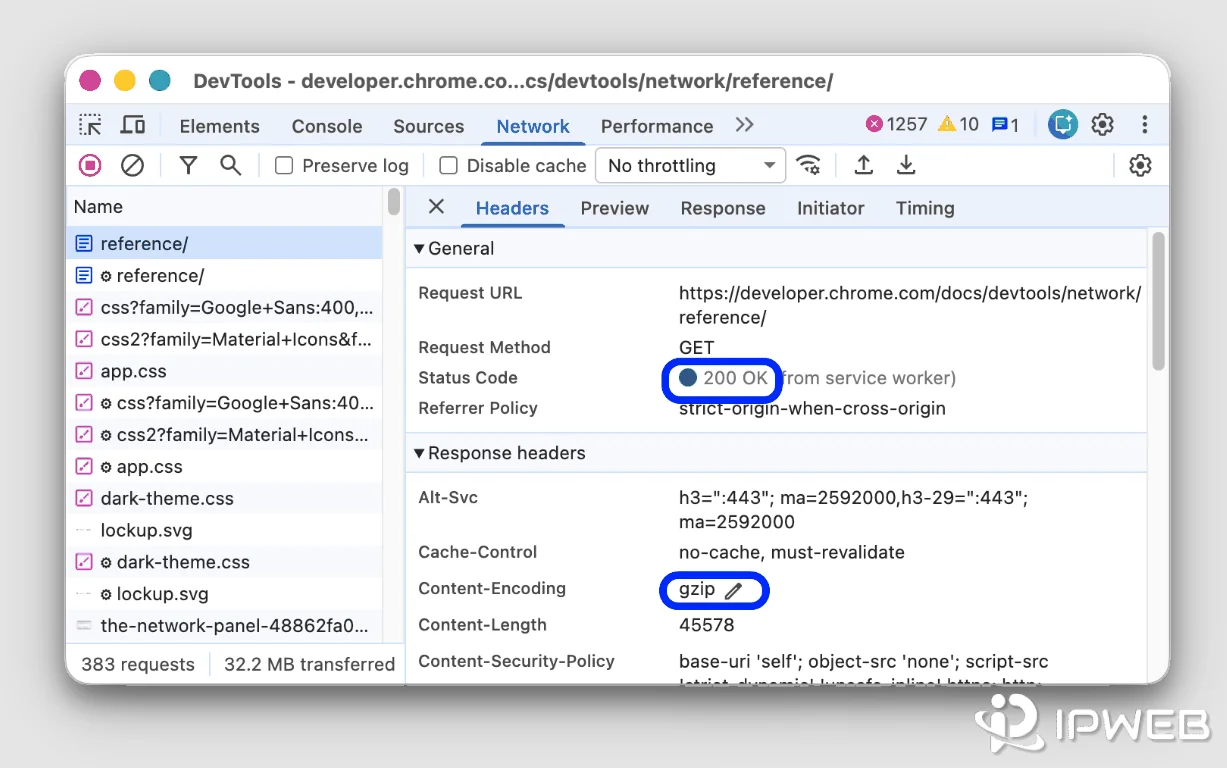 Chrome DevTools Network Headers panel showing request URL, status code, and response headers