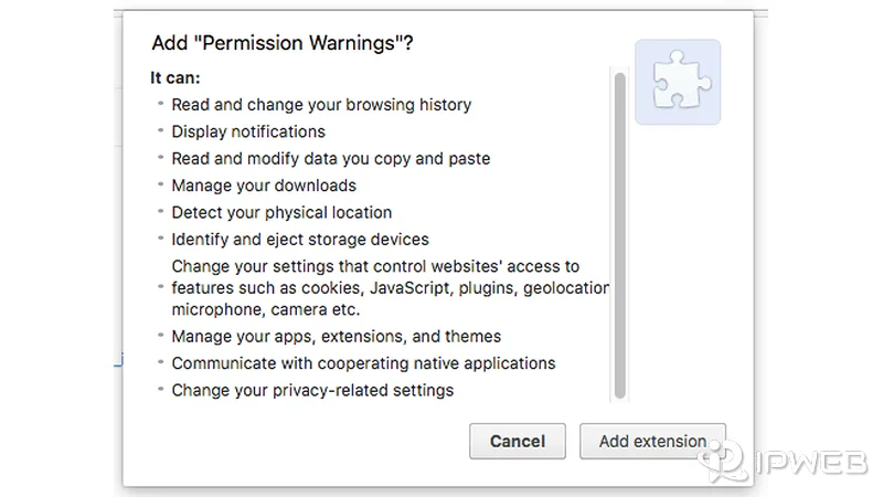 Chrome extension installation permission warning showing requested browser access