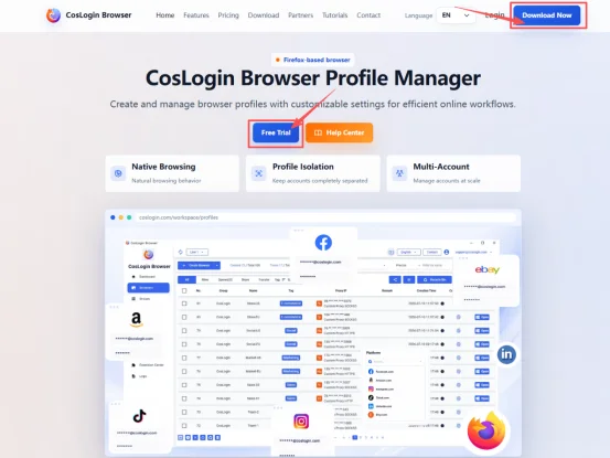 CosLogin Antidetect Browser download and sign-up page