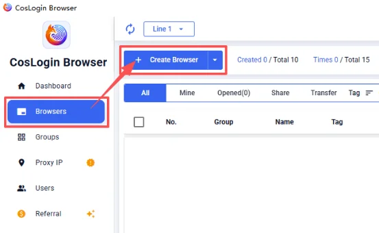 Create Browser button in the CosLogin browser list