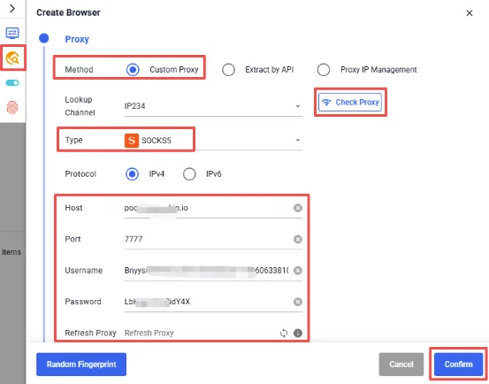 IPWeb proxy host, port, username, and password settings in CosLogin