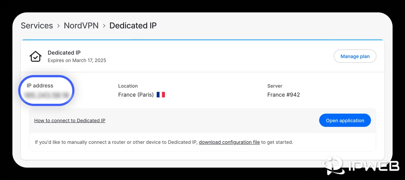 NordVPN dedicated IP page showing the assigned IP address, location, and server