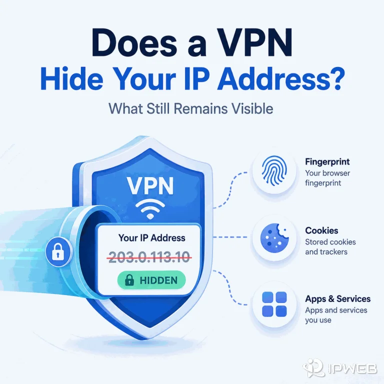 VPN hiding a public IP address while browser fingerprints, cookies, and app activity remain visible