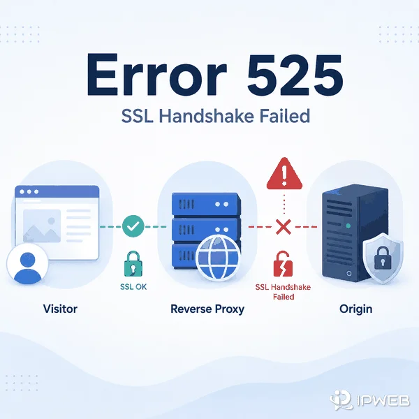 Error 525 SSL Handshake Failed cover showing a successful visitor connection to a reverse proxy and a failed TLS connection to the origin server
