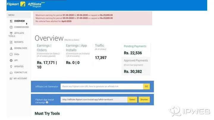 Flipkart Affiliate dashboard showing API reports downloads and affiliate link generator