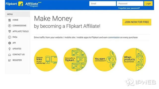 Flipkart Affiliate Program interface showing affiliate tools and API navigation