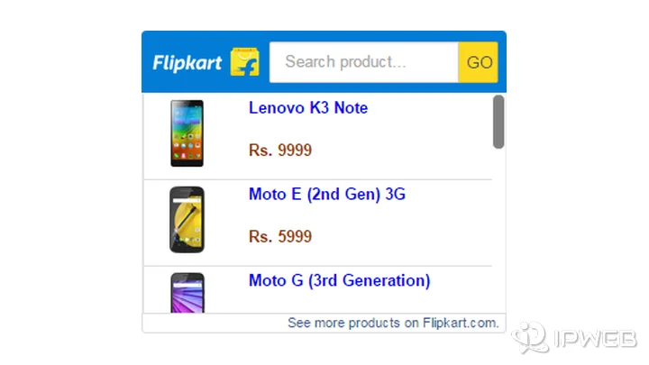 Official Flipkart Affiliate search widget displaying product names and prices