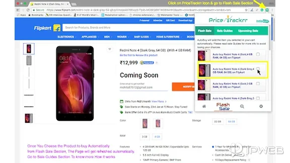 Price tracker browser extension sidebar displayed on a Flipkart product page