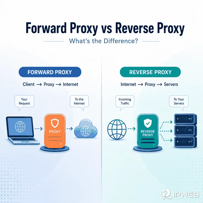 Forward proxy vs reverse proxy comparison showing client-side and server-side traffic flow