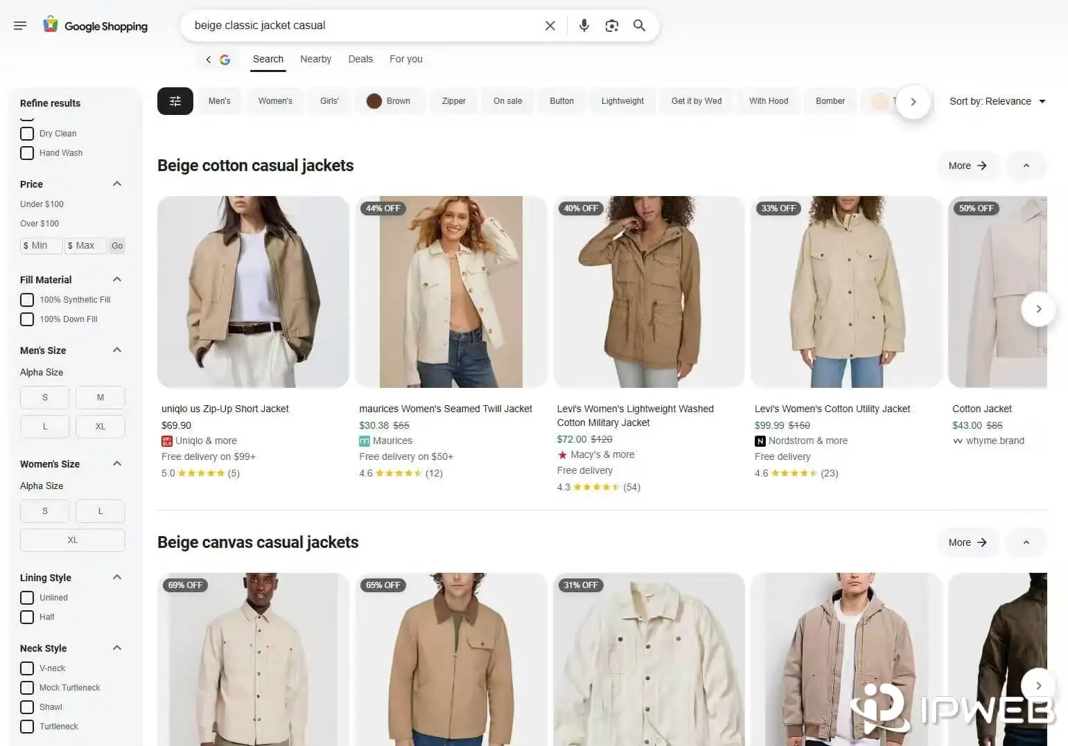 Google Shopping search results showing product listings in search