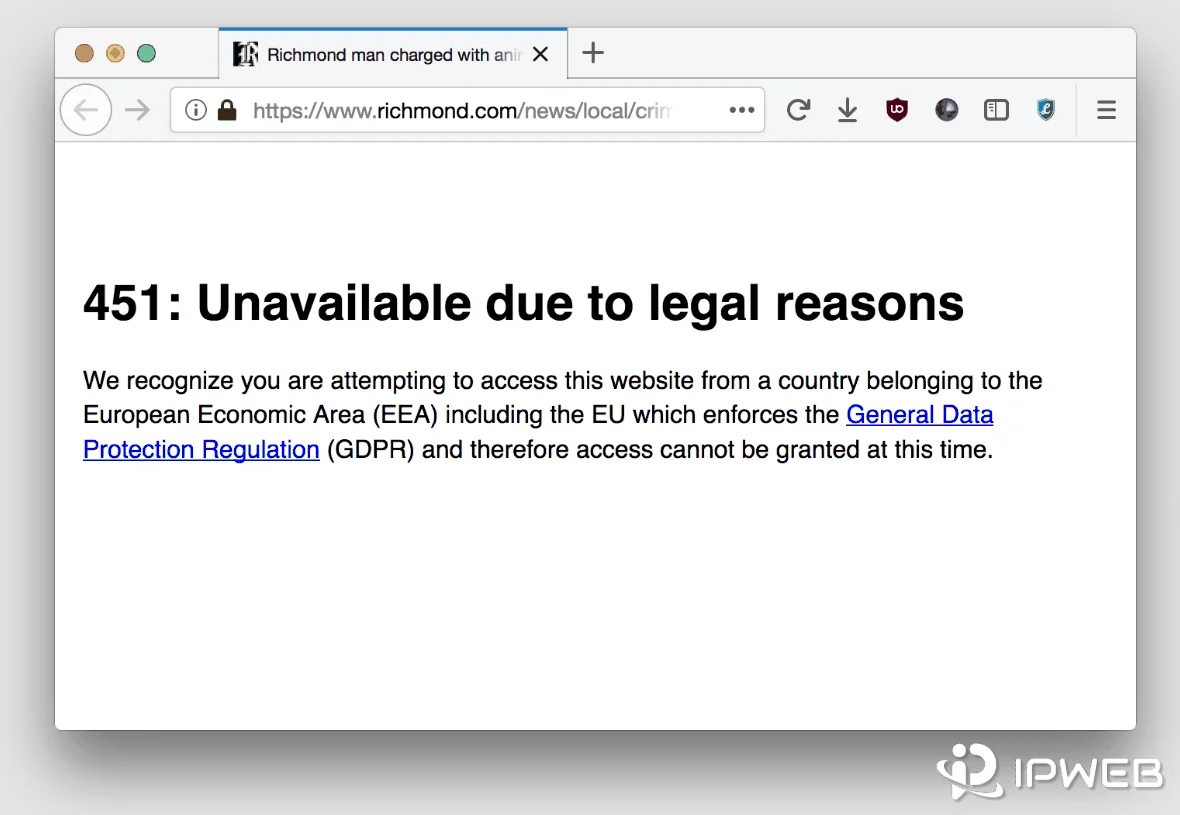 HTTP 451 unavailable due to legal reasons page shown in a web browser