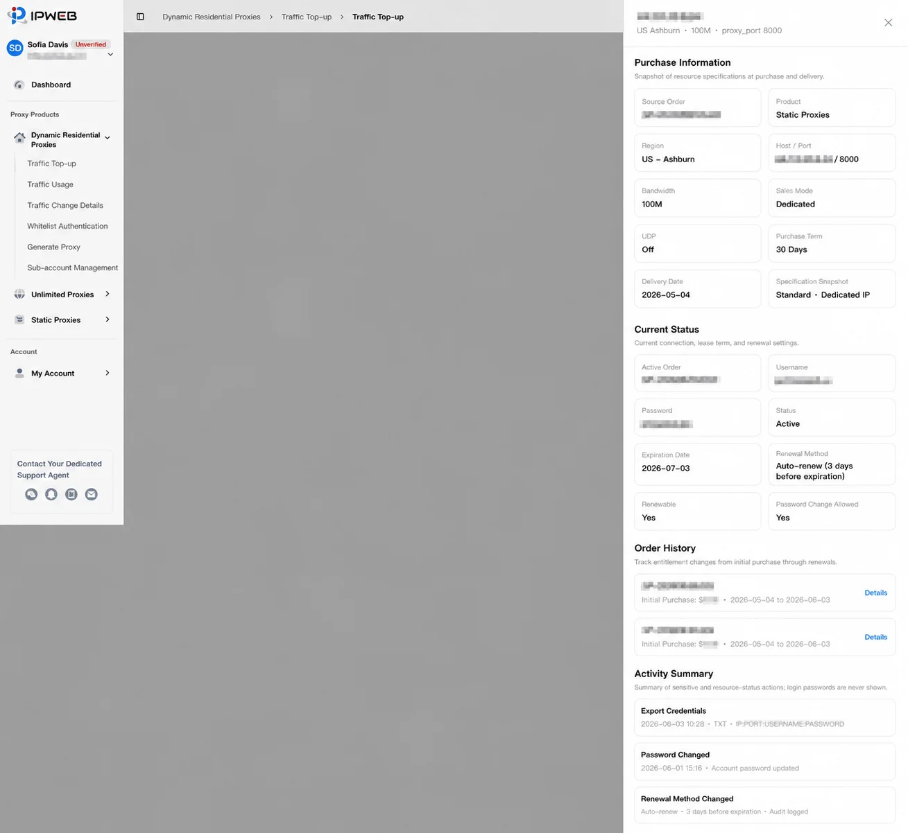 IPWeb static proxy line details and authentication credentials