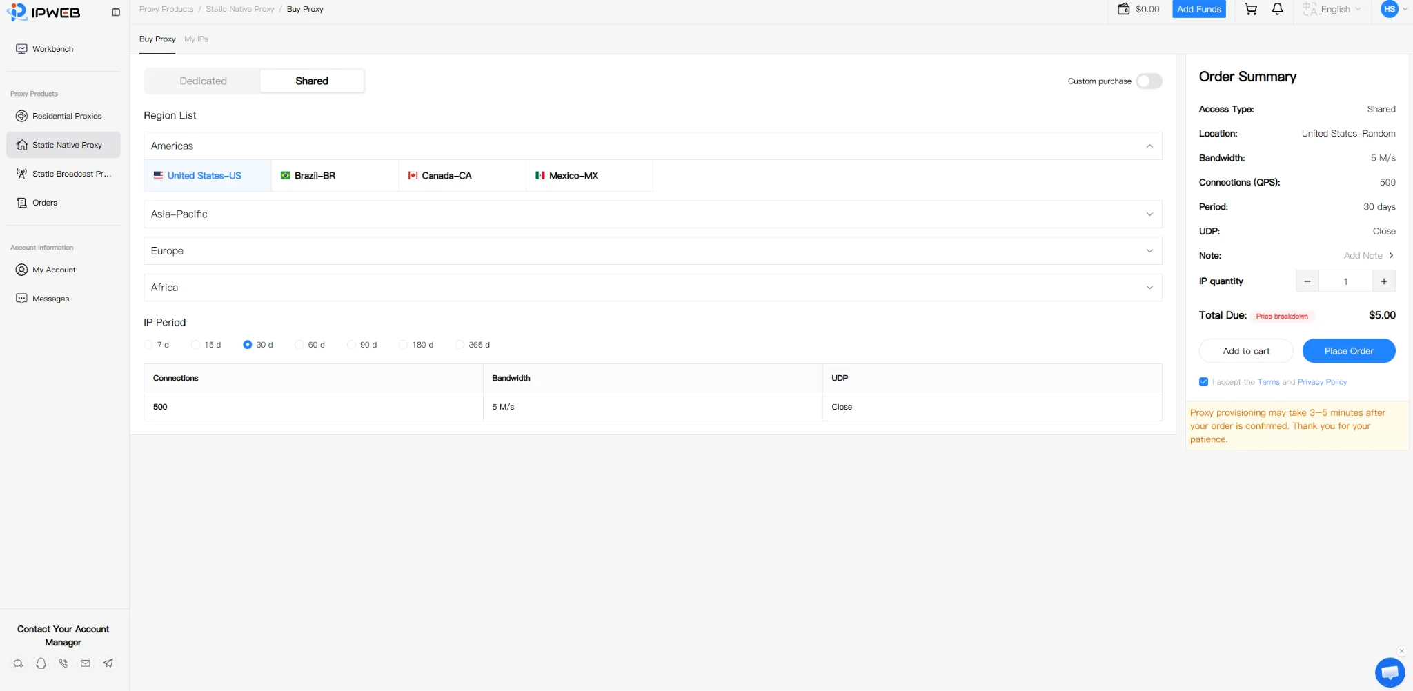 IPWeb static proxy purchase options and order summary