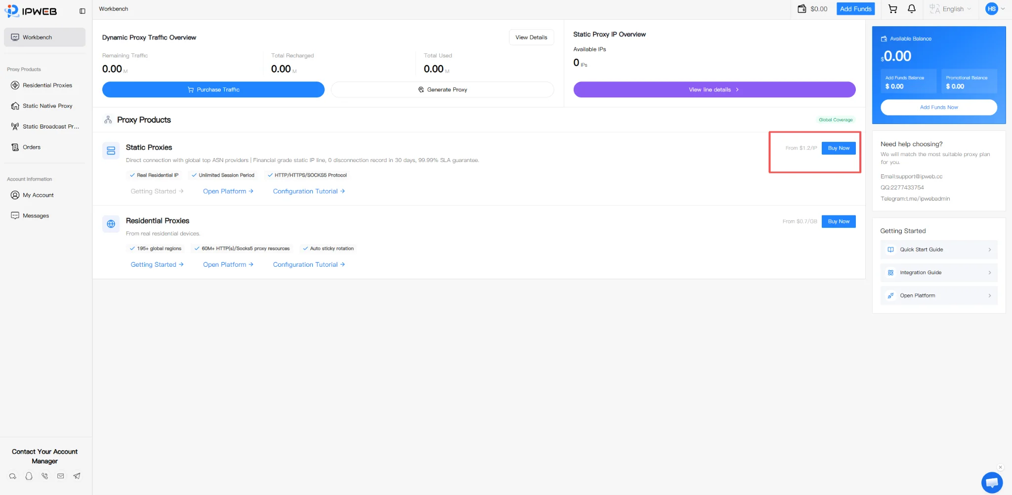 IPWeb static proxy purchase entry in the dashboard
