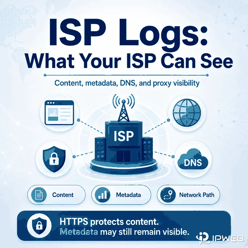 ISP logs and network visibility showing what an internet service provider may see, what HTTPS protects, and how DNS and proxy routing affect metadata