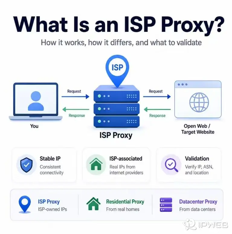 What is an ISP proxy illustration showing a user connected to a target website through a stable ISP-associated proxy IP