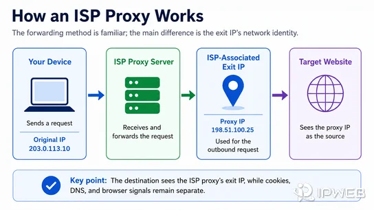 ISP proxy request flow from a client through an ISP-associated exit IP to a target website