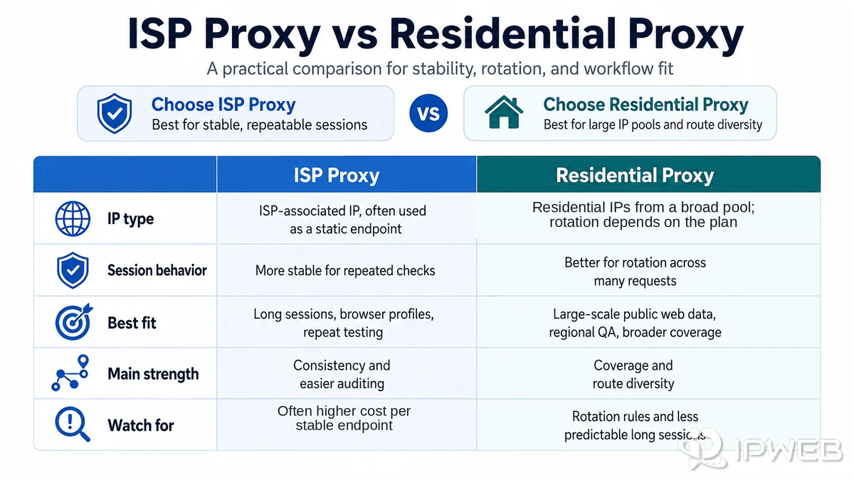 Comparison of ISP proxies and residential proxies by IP source, session behavior, use cases, and cost