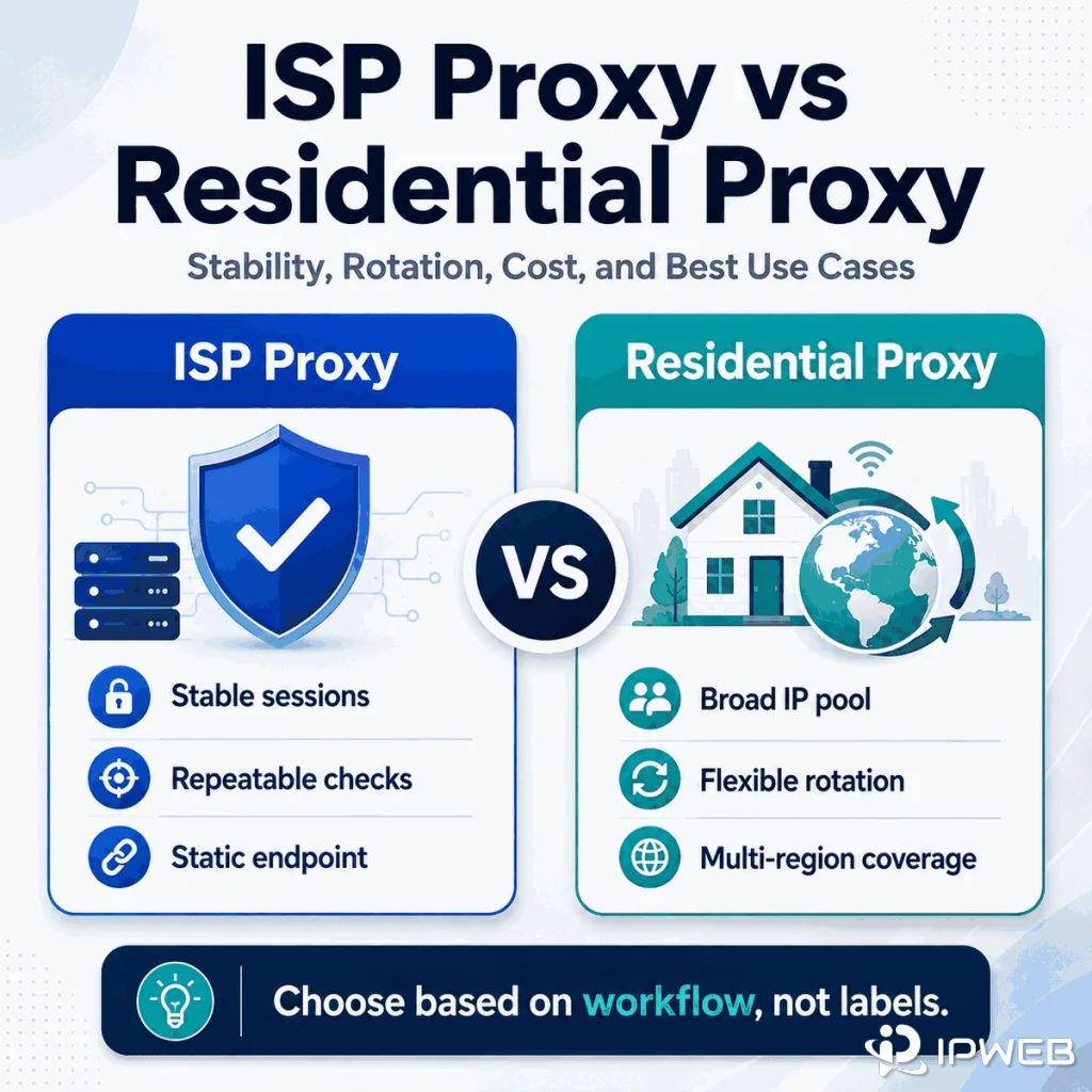 ISP proxy vs residential proxy comparison showing stable sessions, flexible rotation, IP pool size, and multi-region coverage