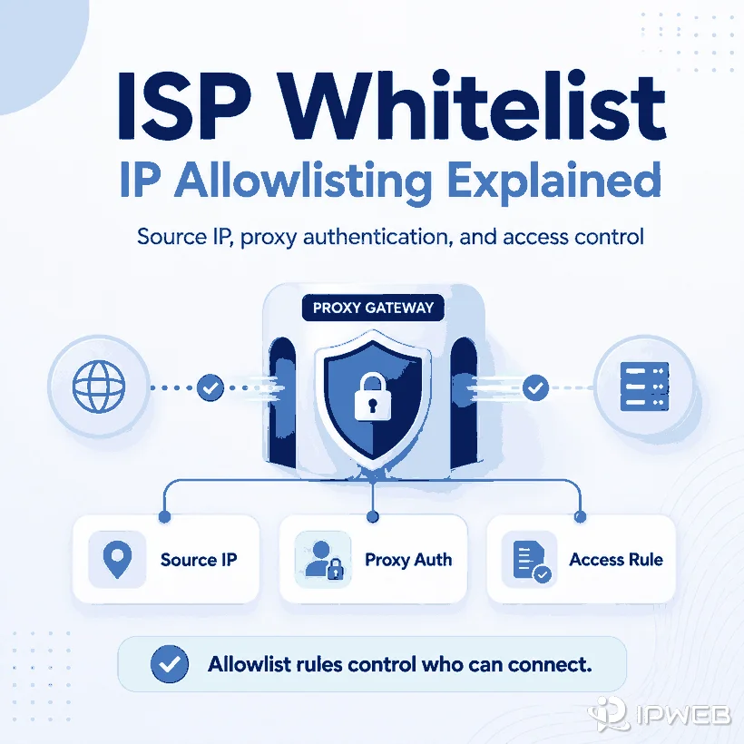 ISP whitelist and IP allowlisting illustration showing source IP, proxy authentication, and access control through a proxy gateway