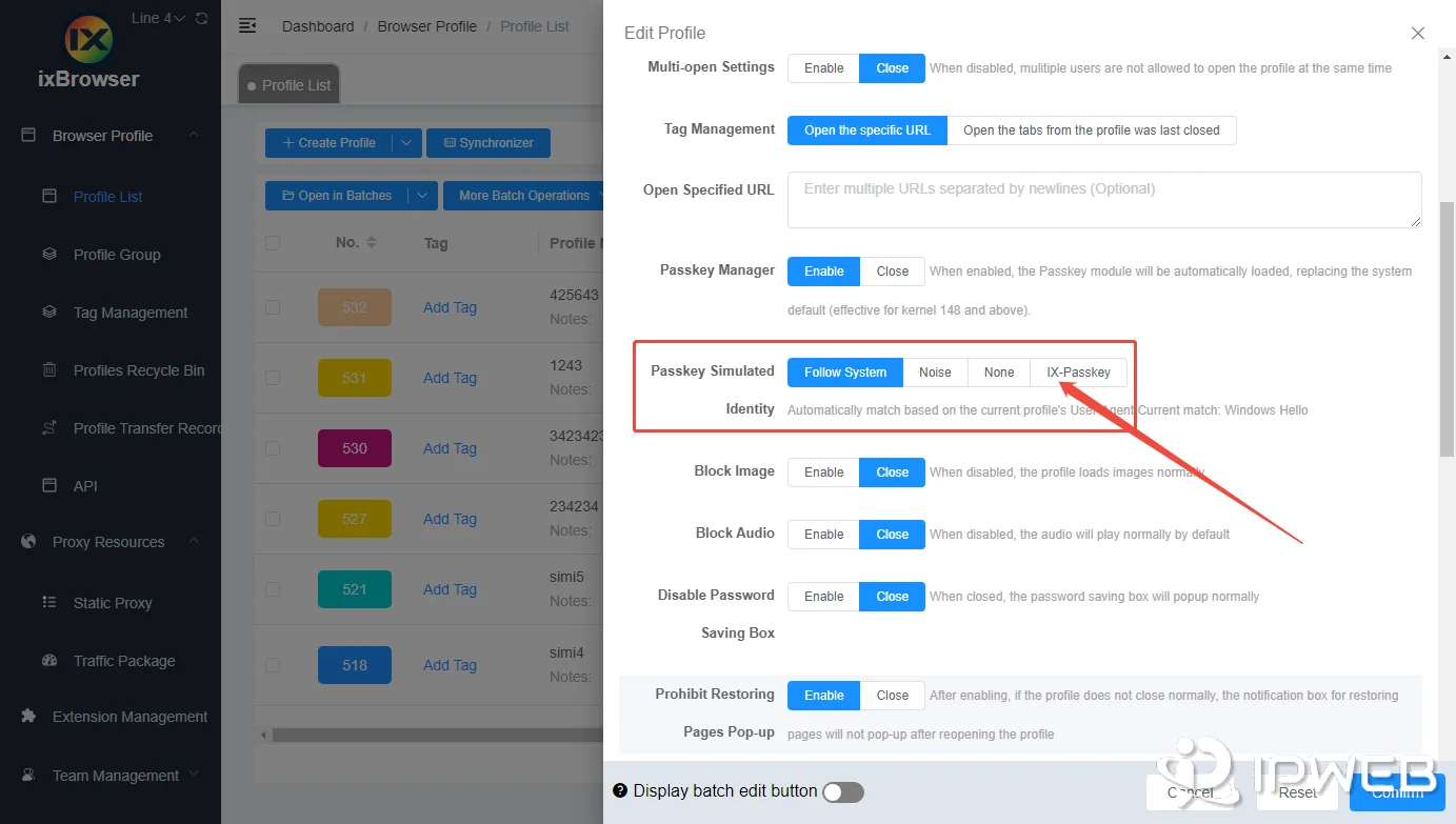 Selecting a Passkey AAGUID configuration mode in ixBrowser
