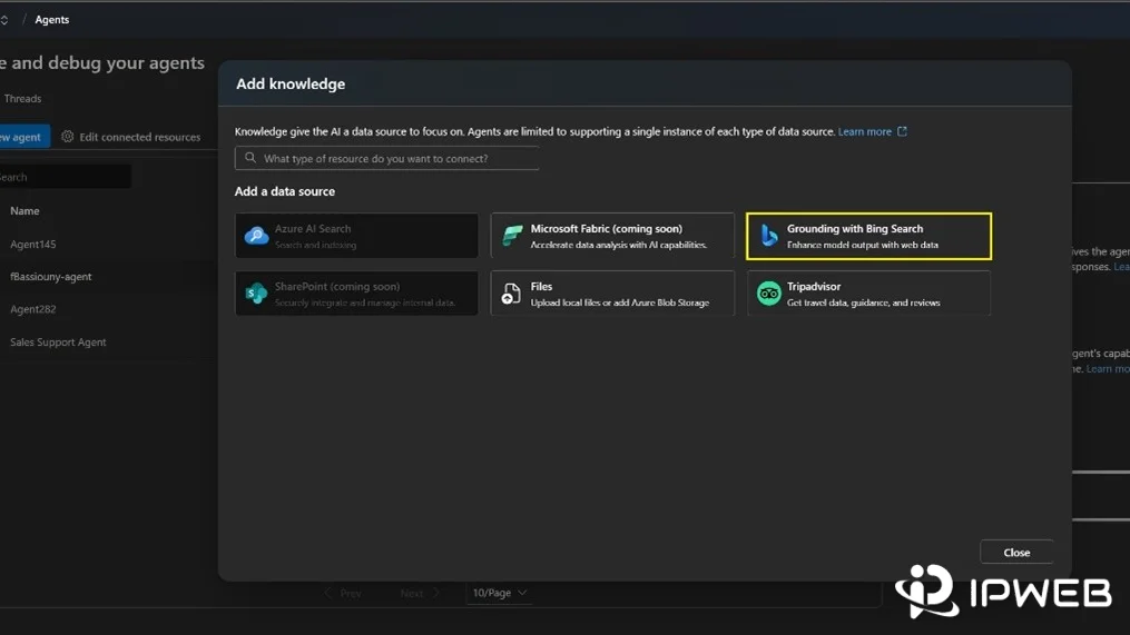 Microsoft Azure AI Foundry interface showing Grounding with Bing Search as a knowledge source for an AI agent.