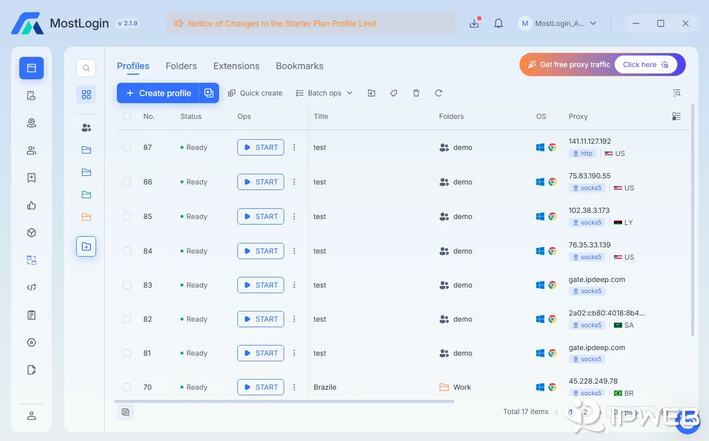 MostLogin browser profile management interface with proxy settings