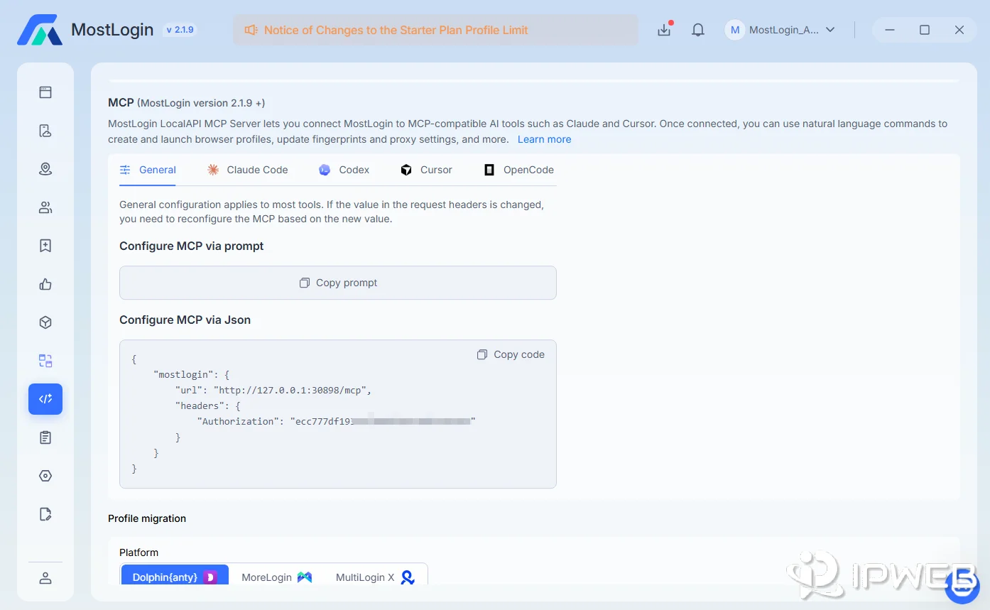 MostLogin MCP integration with Codex, Claude Code, Cursor, and OpenCode