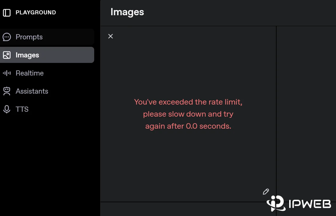OpenAI API rate limit error asking the user to slow down and try again