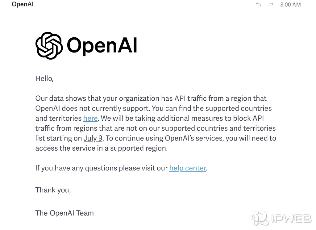 OpenAI notice about API traffic originating from an unsupported region