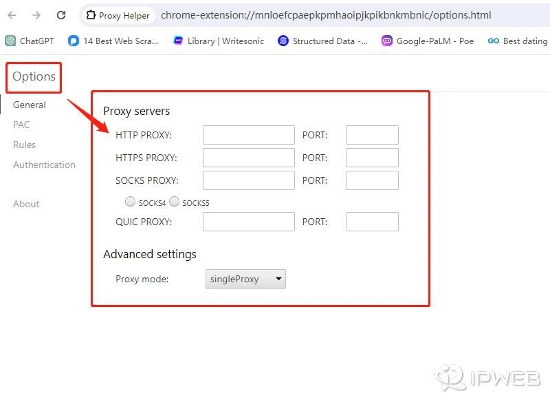 Proxy Helper extension settings showing HTTP, HTTPS, SOCKS4, SOCKS5, and proxy mode options