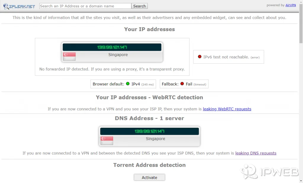 IPLeak test showing visible IP, WebRTC detection, DNS server, and IP location details