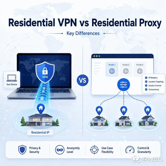 Residential VPN vs residential proxy comparison showing VPN tunnel routing and granular residential proxy control