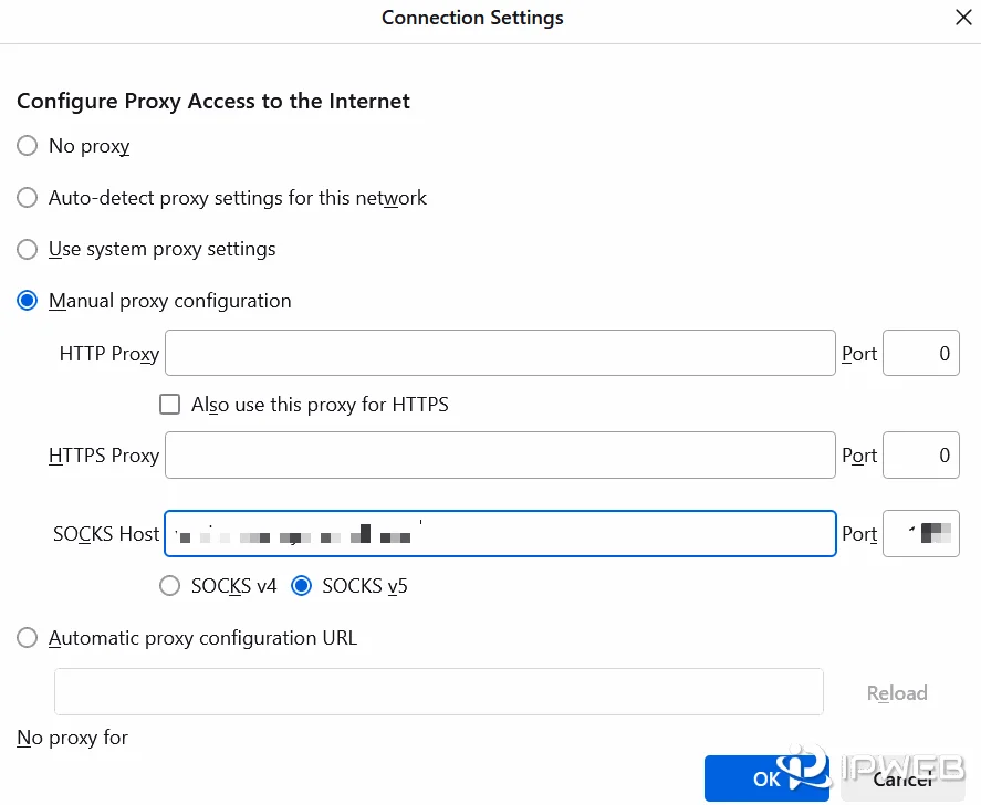 Firefox Connection Settings showing manual SOCKS Host configuration on port 1080 with SOCKS v5 selected