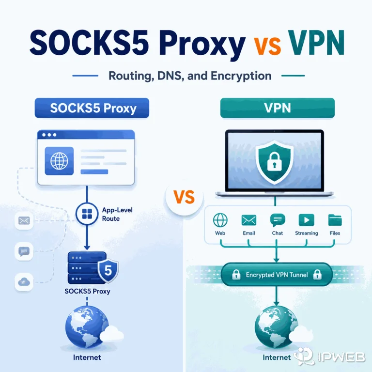 SOCKS5 proxy vs VPN comparison showing app-level proxy routing and an encrypted VPN tunnel