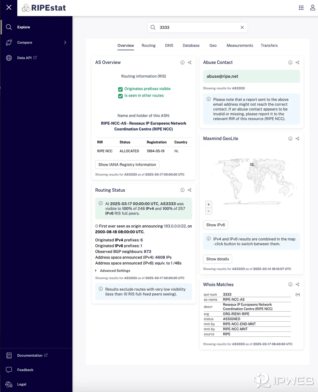RIPEstat result page displaying ASN routing, registration, and network information