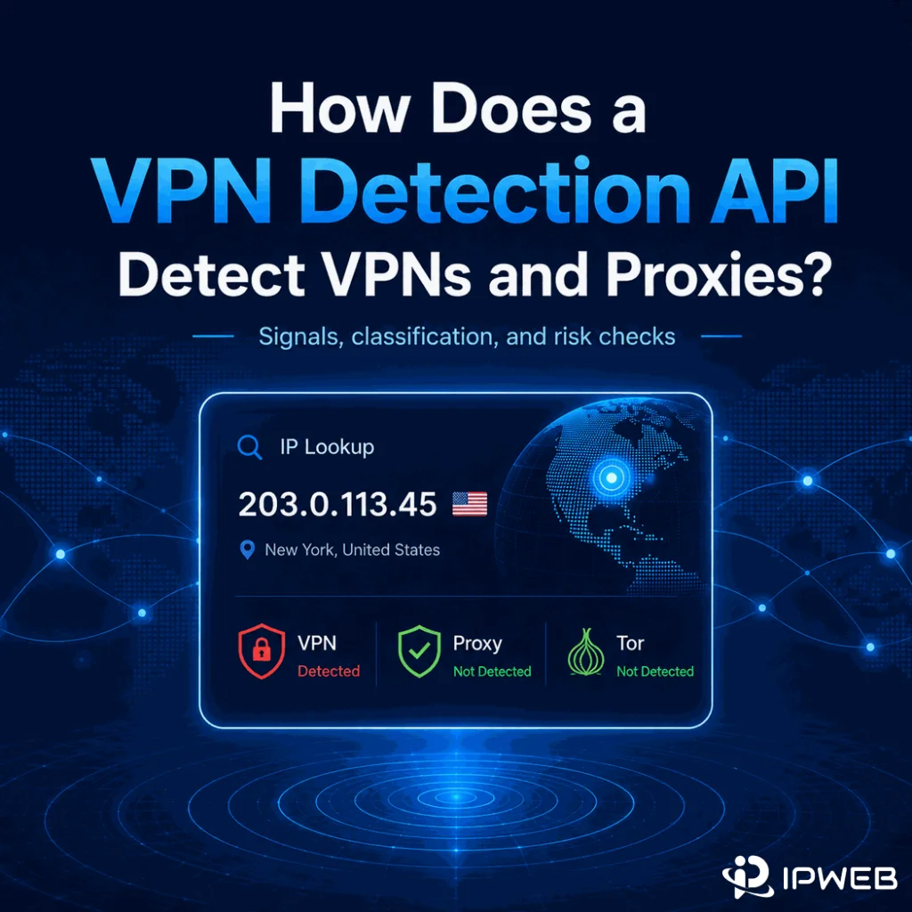 VPN detection API dashboard showing IP lookup and separate VPN, proxy, and Tor detection signals
