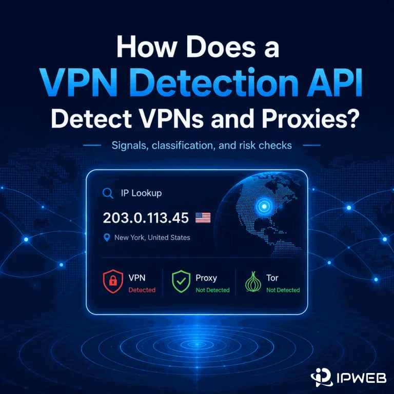 VPN detection API dashboard showing IP lookup and separate VPN, proxy, and Tor detection signals