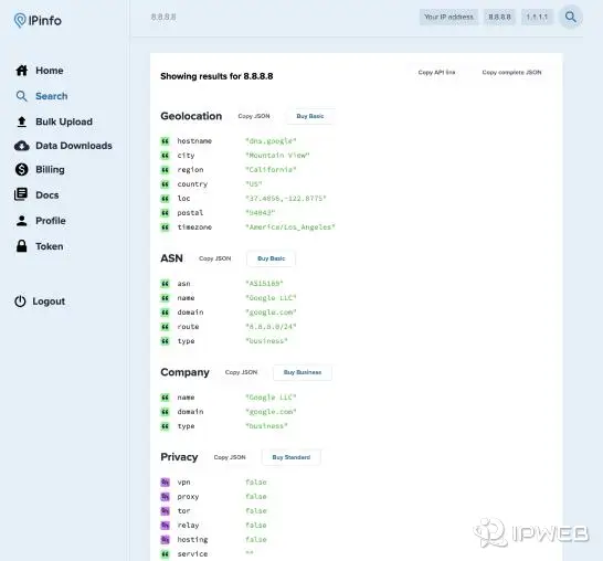 IPinfo dashboard showing VPN, proxy, Tor, relay, hosting, ASN, and geolocation fields for an IP address